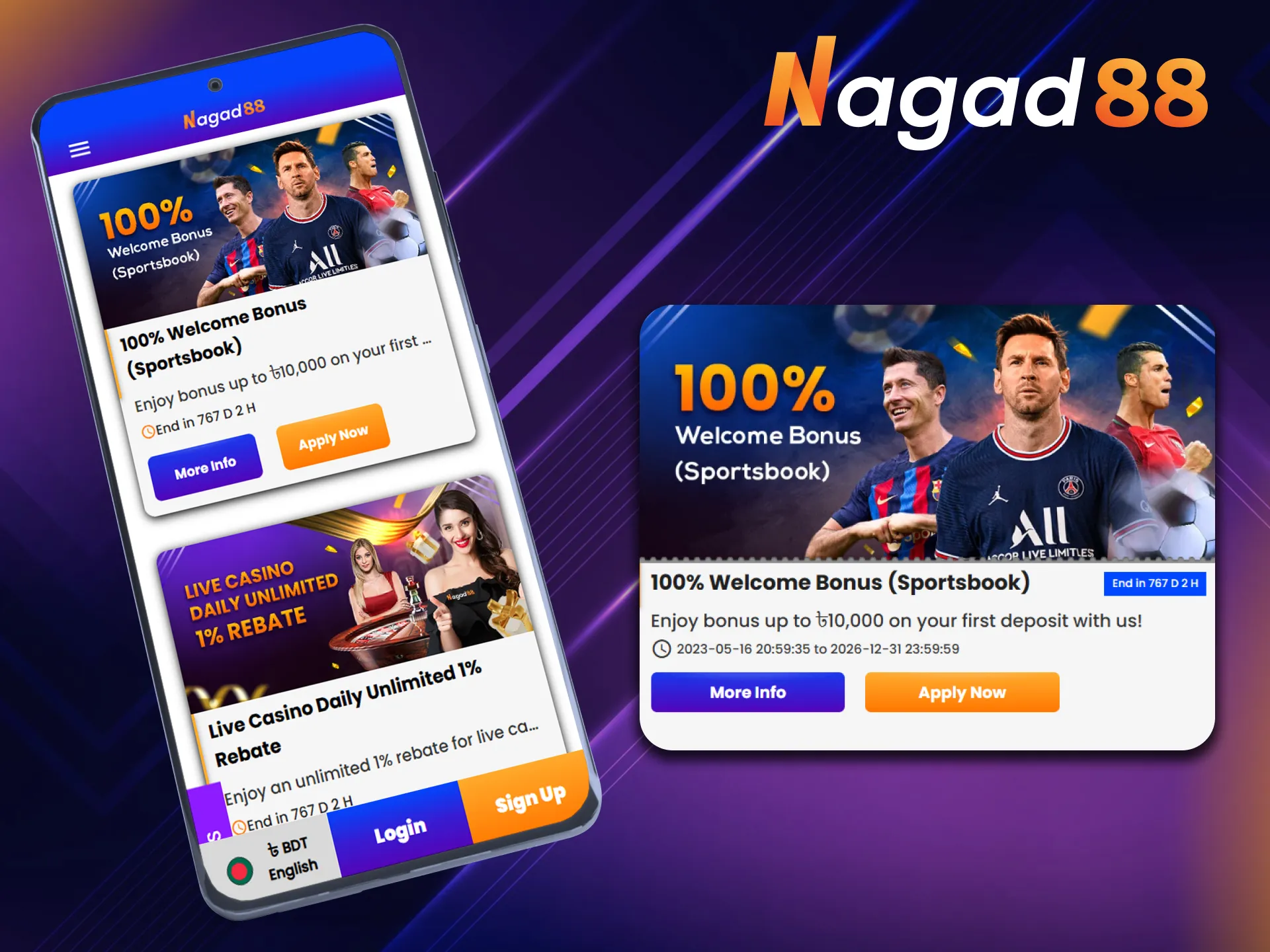 Nagad88 gives a welcome bonus up to +100% on sports.