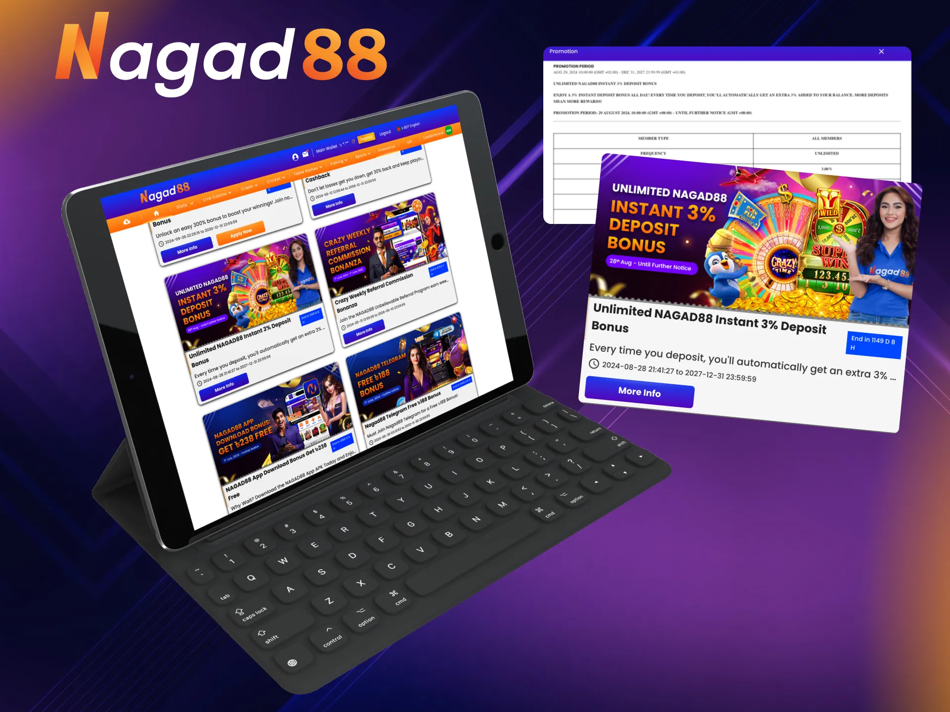 An instant 3% increase in balance is an added benefit to your Nagad88 betting.