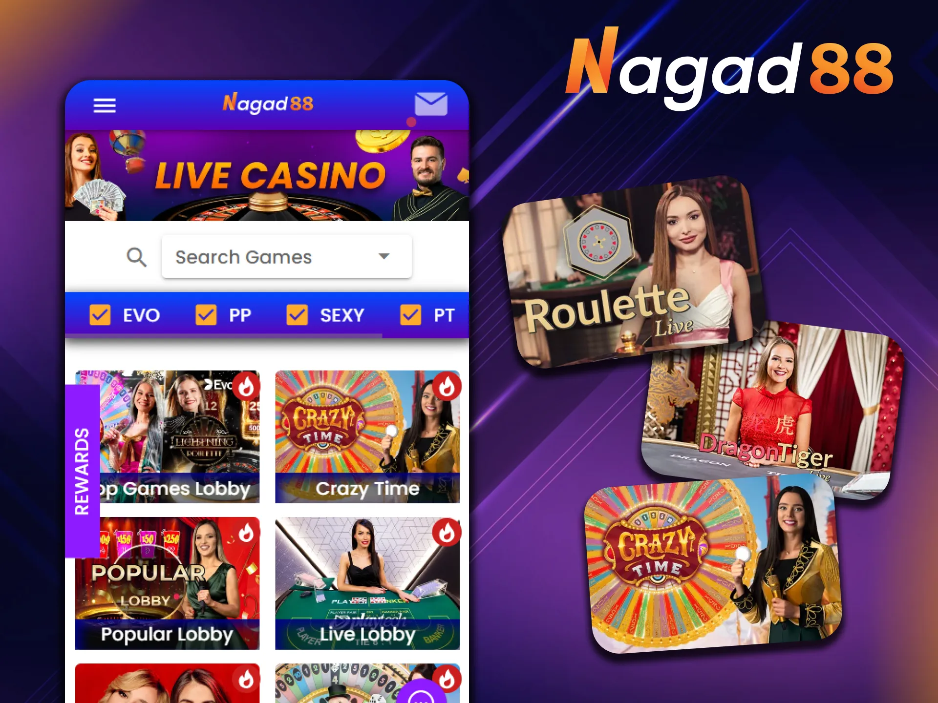 You can play with live dealers at Nagad88 live casino.